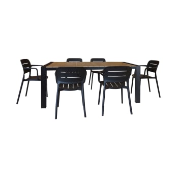 Basun - Ensemble de jardin table aluminium noir et fauteuil 6 places