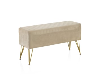 Tabouret tapissé en tissu velours beige avec pieds dorés