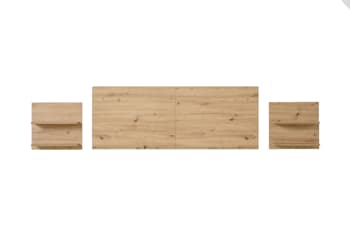 Cabecero y 2 mesitas colgantes con baldas, acabado madera, 155x60x2 cm