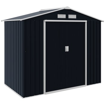Casetta Da Giardino Outsunny 1.37 M² In Metallo – Montaggio Facile, Porta Attrezzi Con Tetto Inclinato, Prese D'aria E Porta Scorrevole, Marrone 159x106x181 Cm