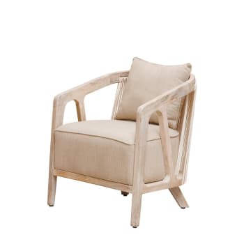 Fauteuil Salon Velours Chenille Avec Accoudoirs En Bois - 73,5x73,5x73,5 Cm - Design Minimaliste Beige - Pour Salon Ou Chambre