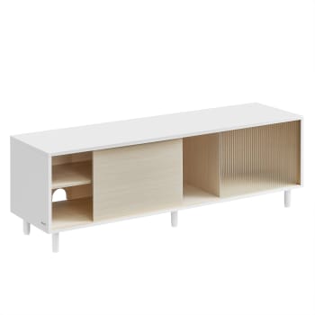 Meuble TV pour TV jusqu'à 60" verre cannelé blanc nuage beige naturel