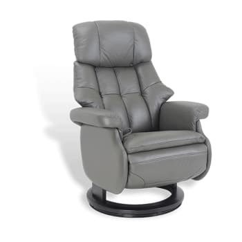 Fauteuil Relax Manuel Cosy - Cuir Noir Avec Pouf Intégré - Rotation 360°, Dossier Inclinable - Structure Acier Et Bois - Décoration Salon