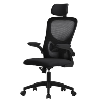 Silla de oficina ergonómica negra de rejilla con resposabrazos