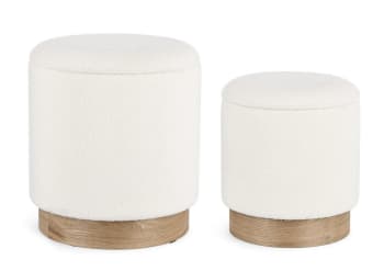 Pouf Con Contenitore In Velluto Color Crema – Set Di 2 Sgabelli Imbottiti Multifunzionali Con Poggiapiedi, Portata 136 Kg