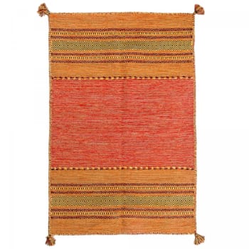 Tapis Tissage Zapotec Oaxacan - Laine Orange Géométrique - Tissé Main - 23x39 Inches