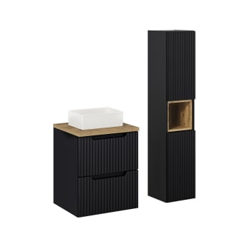 Set Mobili Bagno Con Effetto Scanalato - Lavabo Ceramica, Specchio LED, Armadi Alti - 80cm Colore Nero Opaco - 11