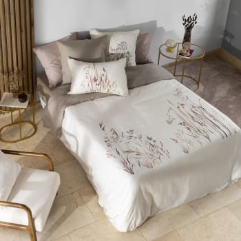 Aura - Housse de couette satin de coton brodé imprimé beige 140 x 200 cm