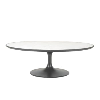 Table Basse Ovale HOMCOM – Effet Marbre Noir & Pieds Bois – 110x50x40 Cm – Pour Salon, Coin Lecture