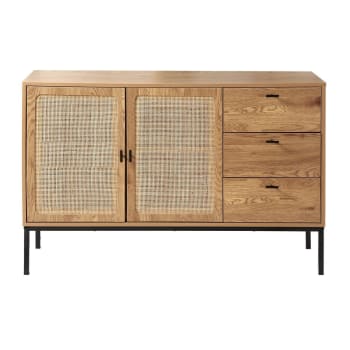 Cómoda De 3 Cajones Con Fachadas De Ratán Alia - 80x39x79 Cm, Estilo Natural, Patas Efecto Madera