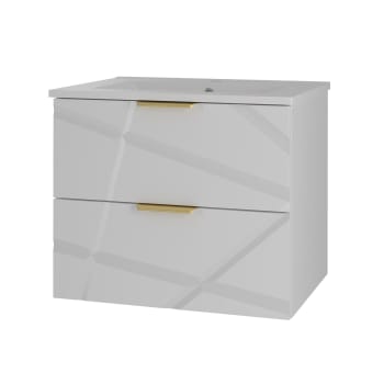 Lomadox Mobile Bagno 60 Cm Con Lavabo In Ceramica Effetto Cemento, 2 Cassetti Soft Close, Ante Scanalate, Bianco Opaco
