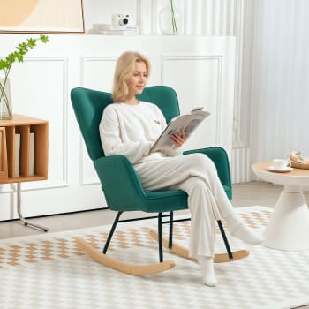 Fauteuil à Bascule HOMCOM Aspect Corde – Fauteuil Relaxation Avec Accoudoirs Et Patins Bois, Vert Foncé