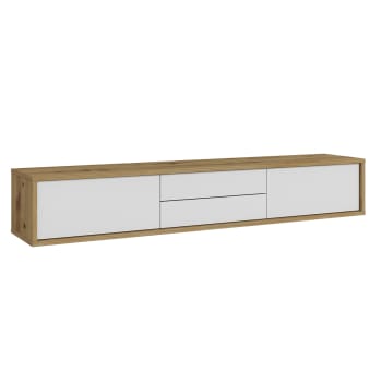 Mobile TV Moderno Bianco Lucido Con Effetto Legno E Ripiani In Vetro, 180 Cm - Per Soggiorno Elegante E Funzionale