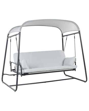 Panca A Dondolo Da Giardino 3 Posti, Con Cuscini, Legno Grigio Scuro - 150x100 Cm