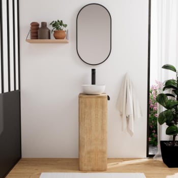 Ensemble Meuble Lave-Mains TOM En Chêne Massif – Vasque Céramique & Robinet Noir | Gain De Place Salle De Bain - 4