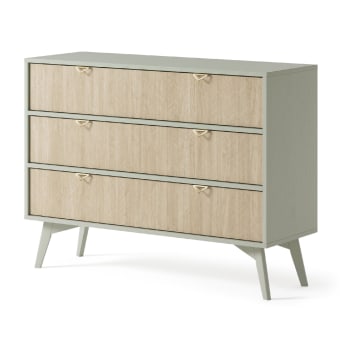 Commode Enfant BAÏTA Pablo - Dimensions 80x40x95 Cm, 3 Tiroirs En Cannage Naturel, Couleur Rose - Structure MDF, Pieds En Bois Massif - Rangement Chambre Fille