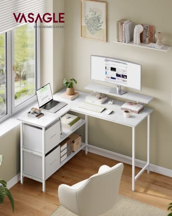 Bureau D'ordinateur En L Avec Roulettes - Plateau 4 Cm épaisseur, 3 Tiroirs, 2 Portes, Gris/chêne