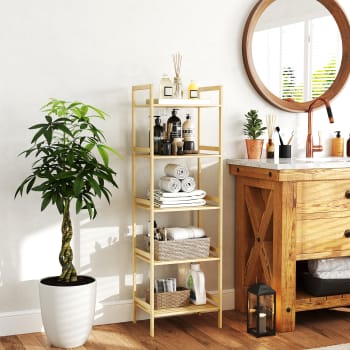 Meuble Salle De Bain Bambou Et Noir HOMCOM - Armoire Basse Avec Porte Et Niche Ouverte 32x30x90 Cm