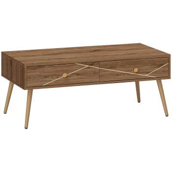 HOMCOM Table Basse Scandinave Rectangulaire – 2 Tiroirs + Compartiment Ouvert – Pieds Inclinés Bois – 90x48x39 Cm – Blanc & Naturel