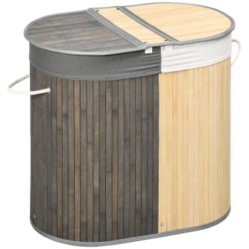 Corbeille à Linge Pliable Bambou - 2 Compartiments - 95L - Avec Couvercle Et Sac Lavable - Marron