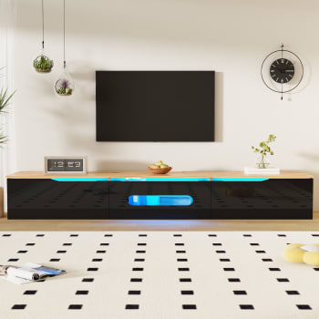 Meuble TV Suspendu 180 Cm – 2 Portes + 1 Abattante, LED Contrôlable, Panneau Particules, Noir/Bois Naturel