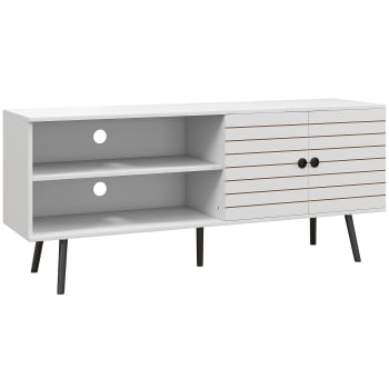 HOMCOM Meuble TV Meuble Télé Bois Banc TV Pour Téléviseur Jusqu'à 75" Avec 3 étagères Ouvertes, 3 Tiroirs Et Passe-câbles, Pour Chambre à Coucher Salon, 140 X 34 X 45 Cm, Bois