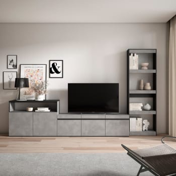 Mobile TV 200 Cm Effetto Marmo Nero, Con Ante In Legno Scuro, Illuminazione LED E Spazio Per Aspirapolvere Robot