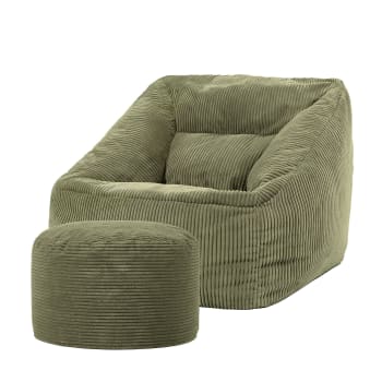 Natalia - Pouf fauteuil avec repose-pied rond velours côtelé vert sauge