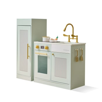 AIYAPLAY Children's Wooden Kitchen 3-8 Years Imitation Game with Ice Maker, Stainless Steel Mobile Sink and Utensils 84 x 34 x 89 cm White