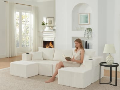Canapé d'angle 3 places en velours côtelé beige avec ottomanes