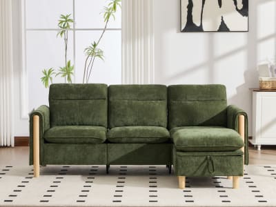 Canapé d'angle 3 places en chenille verte avec rangement 201x77x86 cm