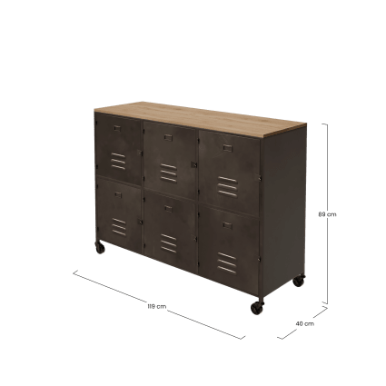 Buffet industriel à roulettes 6 portes en métal et bois de sapin L119