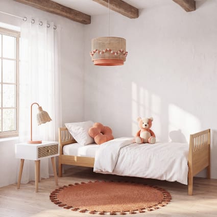Hängeleuchte rosa Cannage aus beigem Rattan mit Pompons Louna