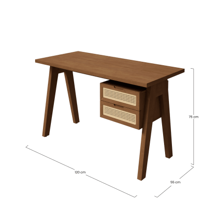 Bureau  2 tiroirs en bois d'acacia massif et cannage en rotin
