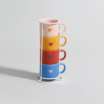 Coffret tasses (x4) en céramique multicolore motif coeur et support en ...