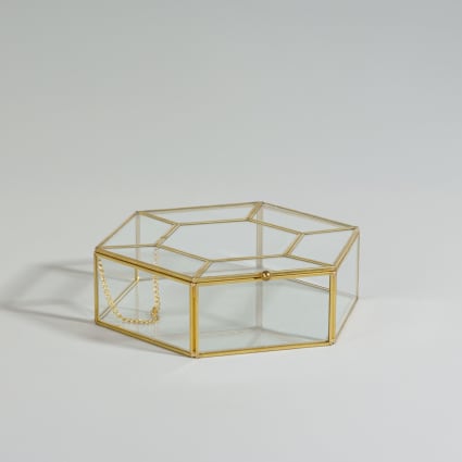 Boîte à Bijoux Beliani Saintes – Verre Et Laiton, Effet Transparent Doré – 21x8 Cm – Neuf