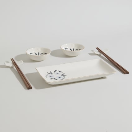 Lot De 2 Plats De Service En Céramique – Motif Floral Beige, Style Rustique