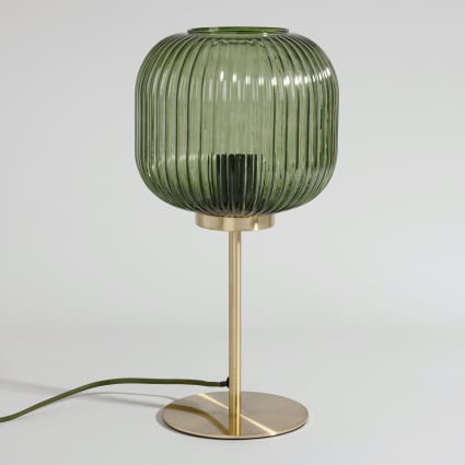 Vergoldete Stahllampe mit grünem Glasschirm, H 40 cm Ojama