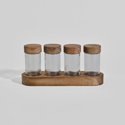 Vier-Gewürze-Bar aus Glas und Akazienholz