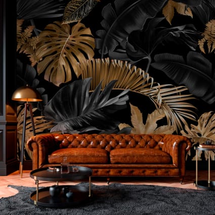 Papier Peint Panoramique Intissé Noir Et Or - Motif Feuilles Moderne - Pour Chambre Et Salon, Résistant Aux UV, Colle Incluse