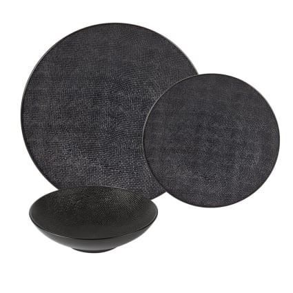 Service De 18 Assiettes En Porcelaine - 6 Assiettes Plates (27 Cm), 6 Creuses (20 Cm), 6 à Dessert (19 Cm) - Design Graphique Noir, Pour 6 Personnes - 3