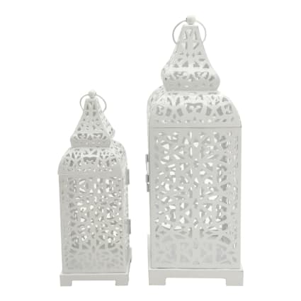 Set 3 Lanterne Da Giardino In Metallo XXL - Portacandela Con Manico Corda, Altezze 25/40/51 Cm, Bianco