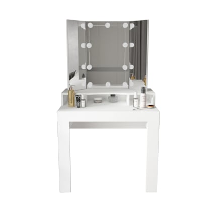 LVYWEX Toletta Da Trucco Con Specchio LED E Prese Regolabili, 120 Cm – Design Moderno, Piano In Noce E Ampio Stoccaggio