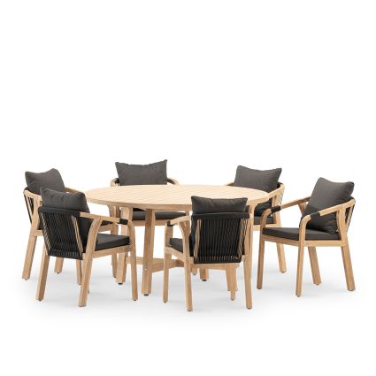 Set aus rundem Gartentisch 150 cm und 6 Stühlen aus Holz und Seil Zanzibar