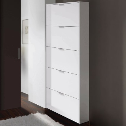 Schuhregal in glänzendem Weiß mit Holzeffekt, 70 x 17 x 180 cm Anatra