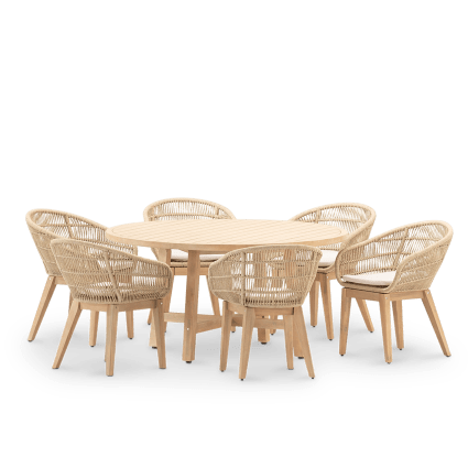 Gartenset runder Tisch 150 und 6 Stühle beige Seil Siena & provenza