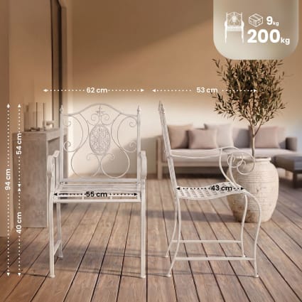 2er Set Gartenstühle mit Armlehnen aus Metall antik weiß Punjab