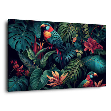 Tableau Toile Perroquets Colorés – Décoration Murale Tropicale – 3 Panneaux 130x80cm – Poster Oiseaux Fleurs Vibrant