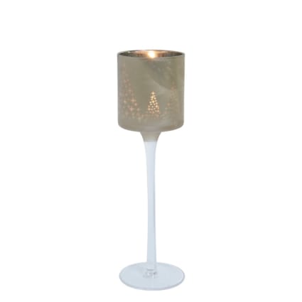 Windlicht auf Ständer aus satiniertem Glas H25, Grau und Hellgold Noël