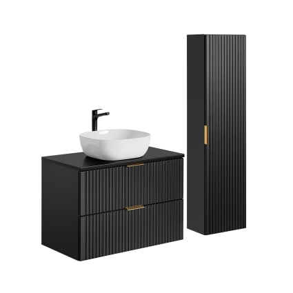 HOME DELUXE Set Mobile Bagno WANGEROOGE – Nero, Larghezza 60 Cm, Con Lavabo In Ceramica, Ante Push-to-Open E LED - 2